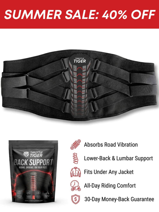 Throttle Tiger motorcycle back support brace worn by a rider