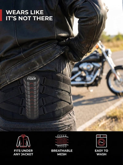 Motorcycle back support worn low under a riding jacket