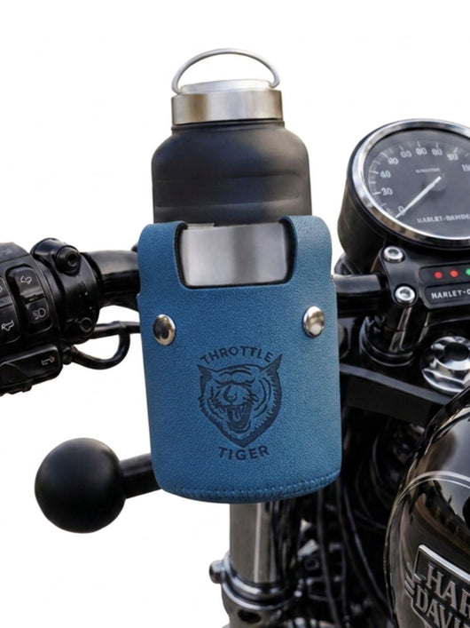 Throttle Tiger motorcycle bottle holder in blue clamped to a motorcycle handlebar