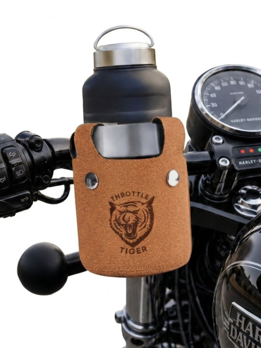 Throttle Tiger motorcycle bottle holder in tan brown mounted on a handlebar