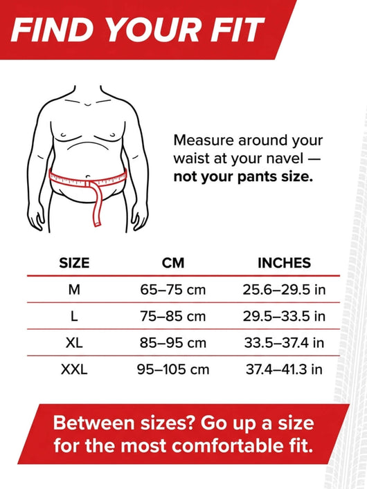 Motorcycle back support size guide, M to XXL
